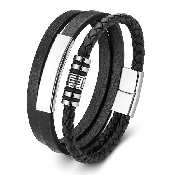 Pulseira Bracelete de Couro Trançado e Aço