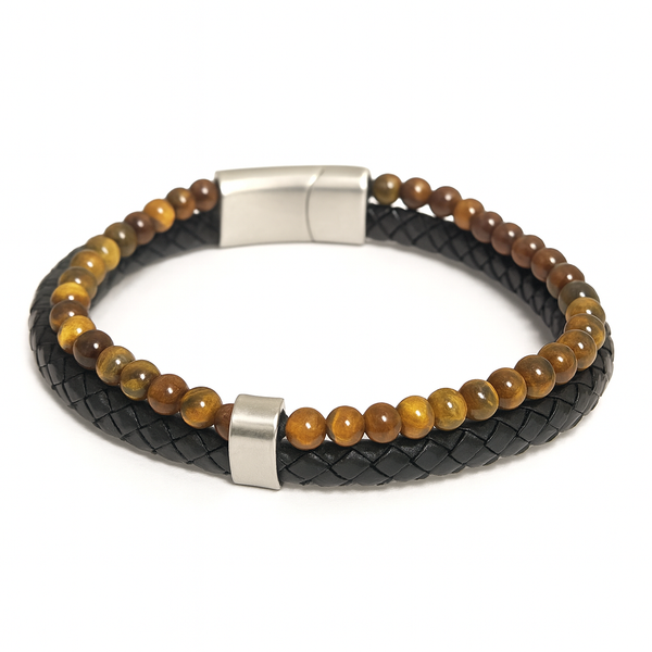 Pulseira de Pedra Olho de Tigre com Couro Luhem