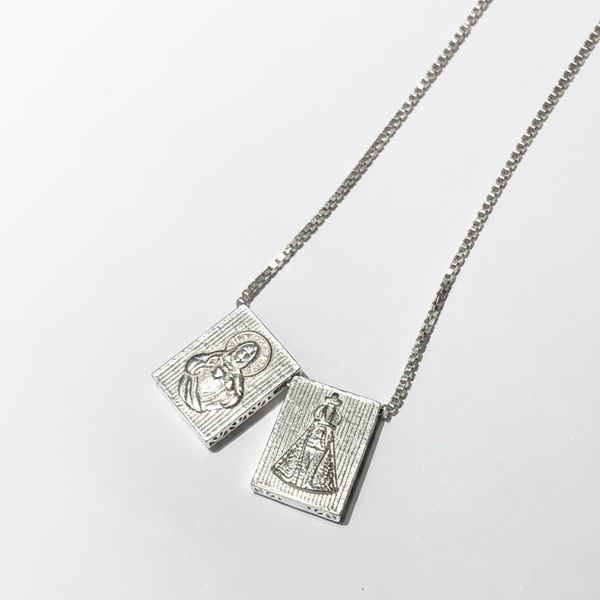 Escapulário Deslizante Prata 925 Nossa Senhora do Carmo e Sagrado Coração de Jesus