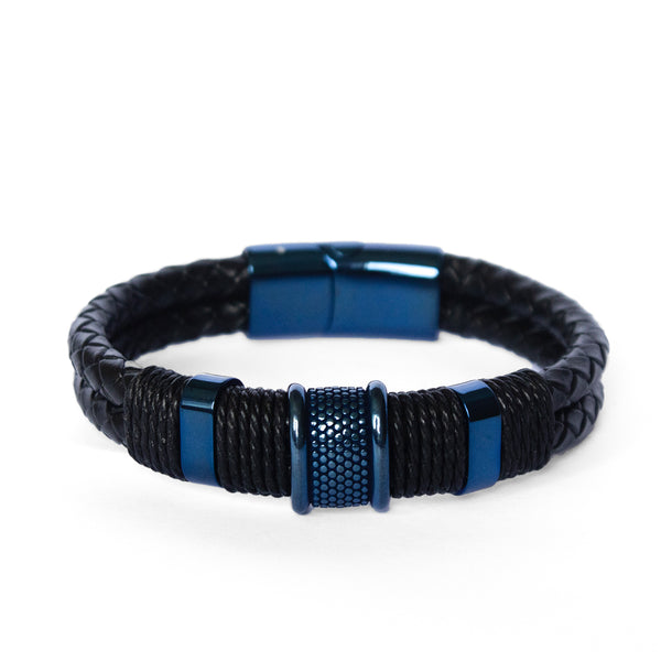 Pulseira de Couro Preto com Detalhes em Azul Pulseira de Couro LUHEM Acessórios Masculinos   