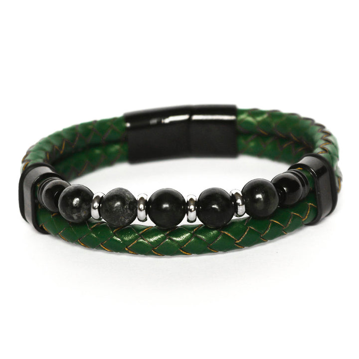 Pulseira de Couro Verde com Pedra Serpentinita Pulseira de Couro LUHEM Acessórios Masculinos   