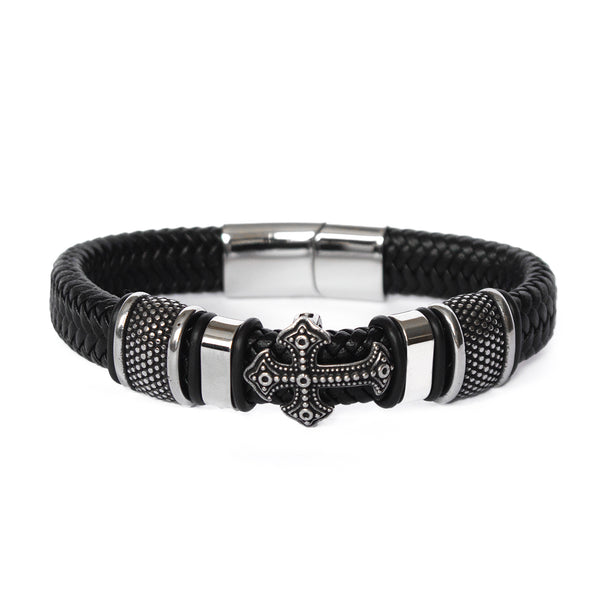 Pulseira de Couro Black Steel Cross Pulseira de Couro LUHEM Acessórios Masculinos   