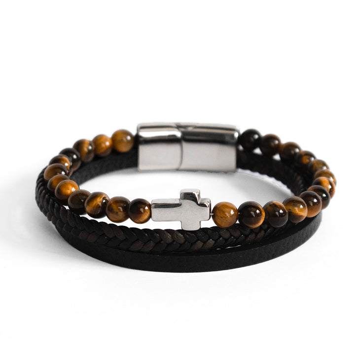 Pulseira Tiger's Eye Cross Pulseira de Couro LUHEM Acessórios Masculinos   