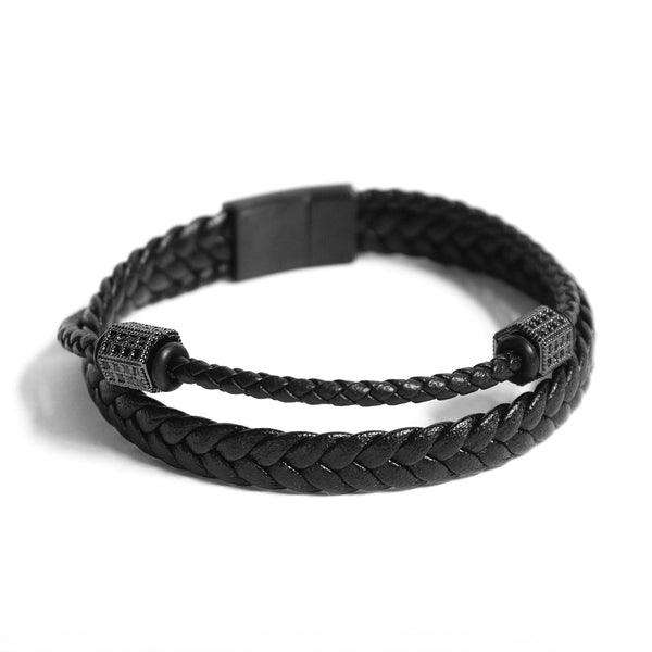 Pulseira Trançada em Couro Preto com Detalhes em Aço Pulseira de Couro LUHEM Acessórios Masculinos   