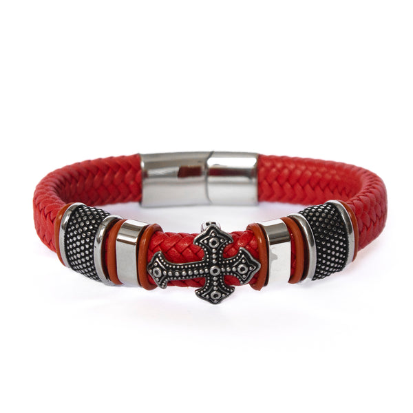 Pulseira de Couro Red Steel Cross Pulseira de Couro LUHEM Acessórios Masculinos   