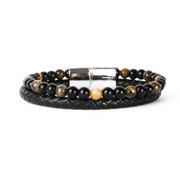 Pulseira de Couro e Pedra Tiger's Gaze Pulseira de Couro LUHEM Acessórios Masculinos   