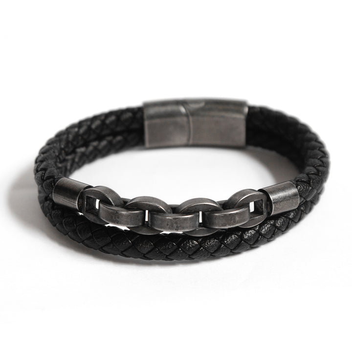 Pulseira Trançada em Couro Preto com Elo Central em Aço Pulseira de Couro LUHEM Acessórios Masculinos   