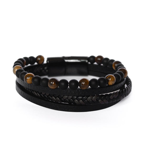 Pulseira de Couro com Pedras Olho de Tigre e Murano Pulseira de Couro LUHEM Acessórios Masculinos   