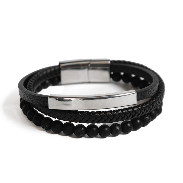 Pulseira Trançada em Couro com Detalhes em Pedras Vulcânicas e Murano Pulseira de Couro LUHEM Acessórios Masculinos   