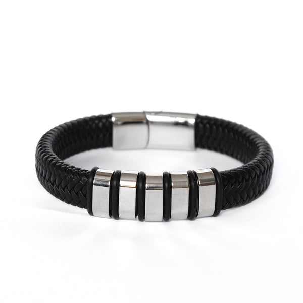 Pulseira de Couro Preto com Detalhes Metálicos Pulseira de Couro LUHEM Acessórios Masculinos   