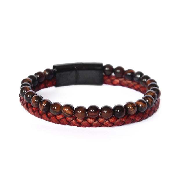 Pulseira Olho de Tigre e Couro Vermelho Pulseira de Couro LUHEM Acessórios Masculinos   