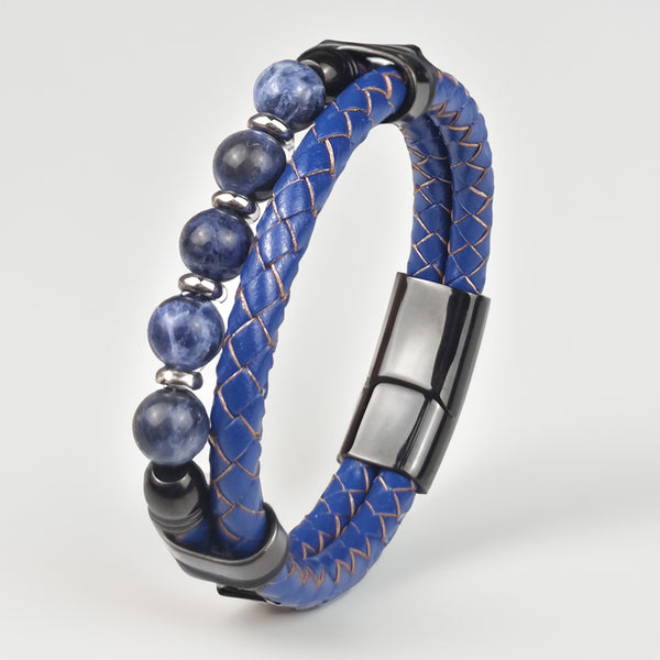 Pulseira de Couro Azul com Pedra Sodalita Pulseira de Couro LUHEM Acessórios Masculinos   