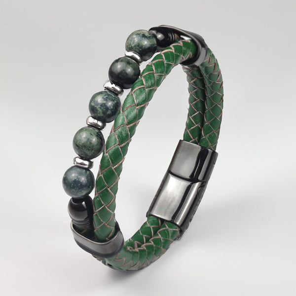 Pulseira de Couro Verde com Pedra Serpentinita Pulseira de Couro LUHEM Acessórios Masculinos   