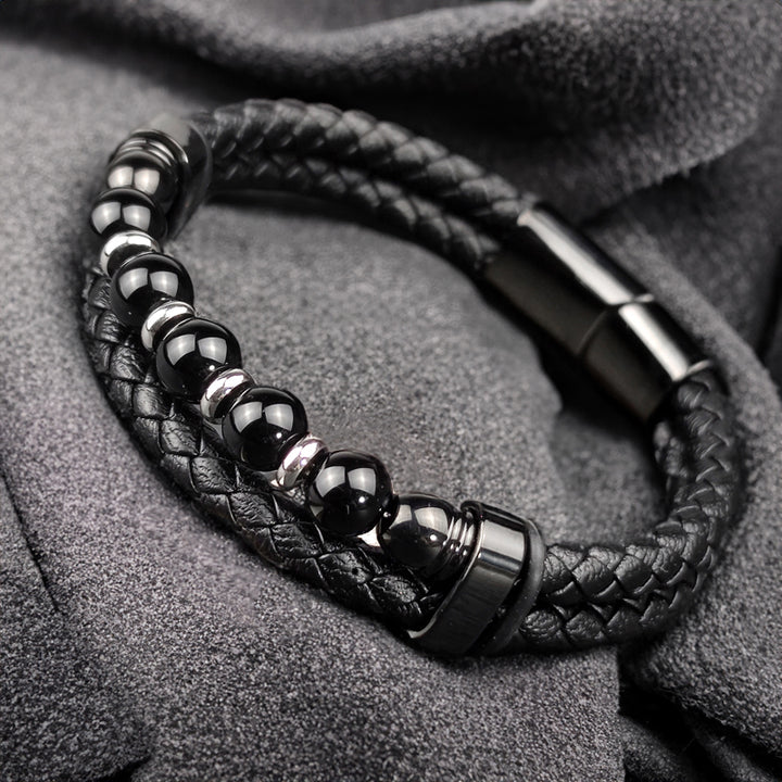 Pulseira de Couro com Pedra Ônix Pulseira de Couro LUHEM Acessórios Masculinos   