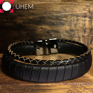 Pulseira Masculina em Couro Enrolado Preto Pulseira LUHEM   