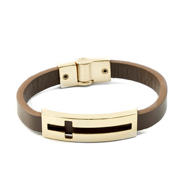 Pulseira Masculina de Couro Golden Cross Marrom Pulseira LUHEM   