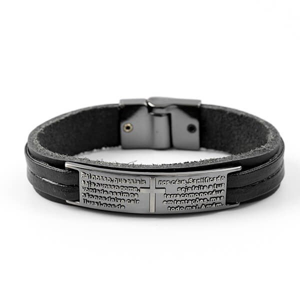 Pulseira Masculina de Couro Pai Nosso Black Pulseira LUHEM   