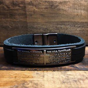 Pulseira Masculina de Couro Pai Nosso Black Pulseira LUHEM   