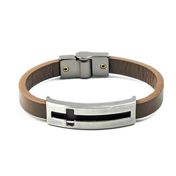Pulseira Masculina de Couro Silver Cross Marrom Pulseira LUHEM   