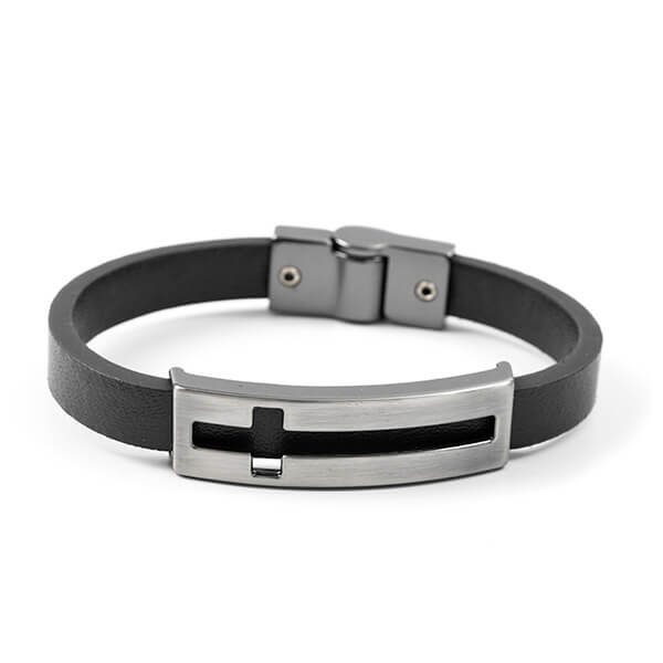 Pulseira Masculina de Couro Silver Cross Preto Pulseira LUHEM   