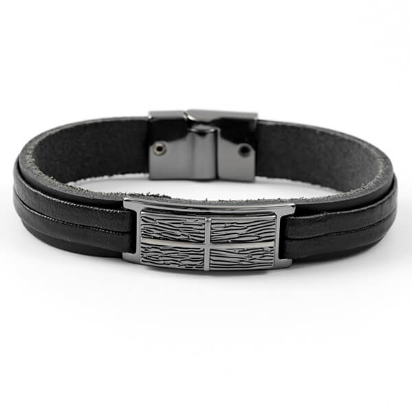 Pulseira Masculina de Couro Silver Cross Two Preto Pulseira LUHEM   