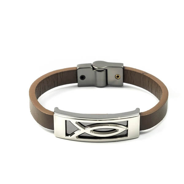 Pulseira Masculina de Couro Silver Fish Marrom Pulseira LUHEM   