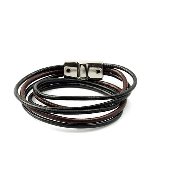 Pulseira Masculina em Tiras de Couro Marrom e Preto Pulseira LUHEM   